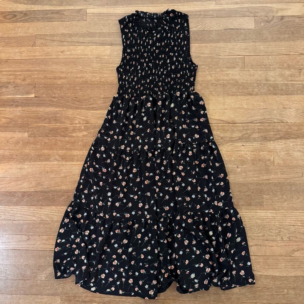 SHEIN black orange sleeveless floral flower a-line midi dress size large L
 b53
